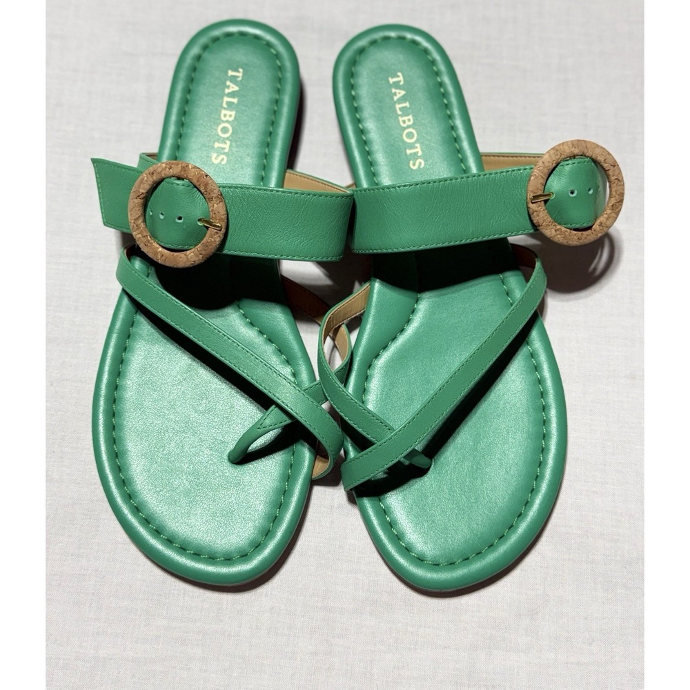 Talbots Gia Buckle Thong Sandals Green Leather Cork Ring Size 7 - Picture 2 of 5